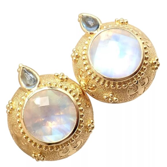 Rare! Vintage Paula Crevoshay 18k Gold Aquamarine Moonstone Round Earrings OOAK - Picture 1 of 12